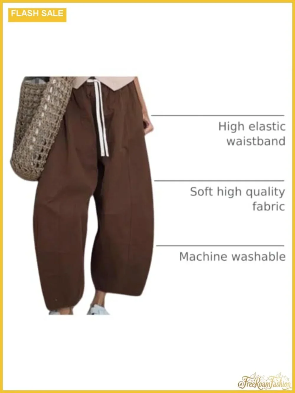 Womens Wide Leg Barrel Pants Drawstring Elastic Waist Cotton Casual